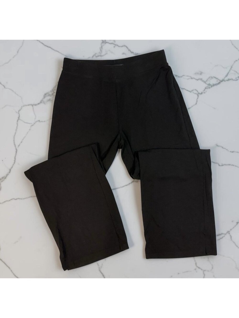 Eileen Fisher Ponte Pull On Pants Size Small Black Knit Wide Leg Hem Slit Detail
